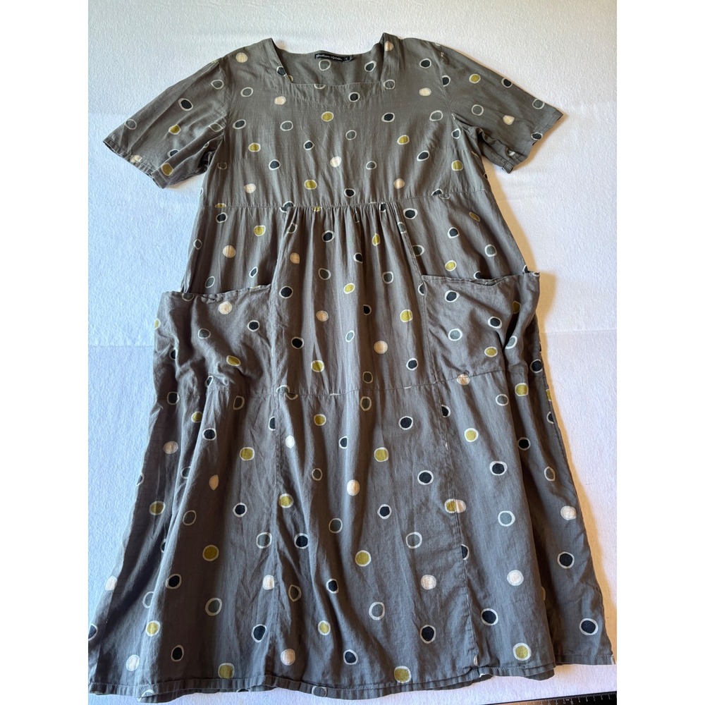 Gudrun Sjoden Organic Cotton Polka Dot Midi Dress Lagenlook Pockets Grey Large